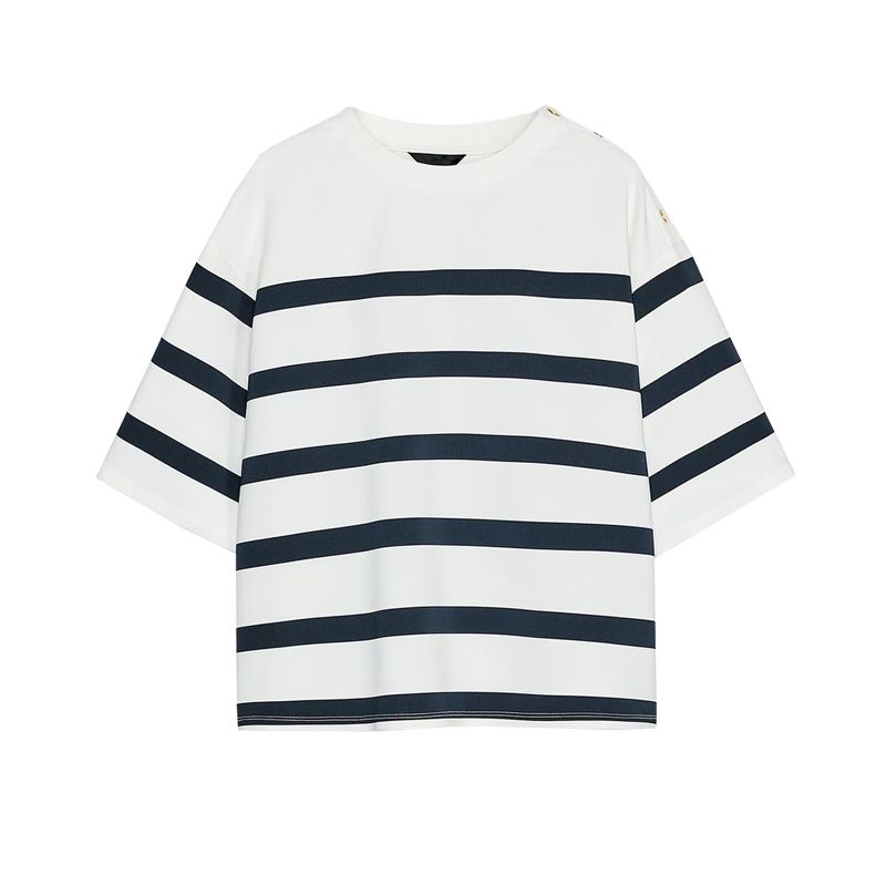 

Spring and Summer New Women clothes Short sleeve Stripe Comfortable Top 2702205 High Waist Casual Shorts 2739238 White Tops L