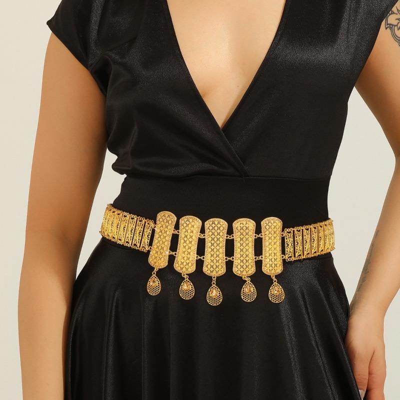 Gold hollow-out diamond-studded teardrop tassel waist chain - charming dress and gown embellishment belt золотой