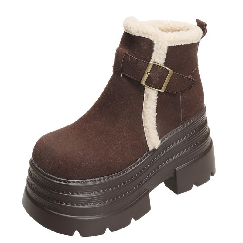 New Winter Women's Warm Snow Boots Outdoor Plush Ankle Shoes Anti-skid Chunky Leather Sneakers Buckle Short Fur Boots Woman 10CM