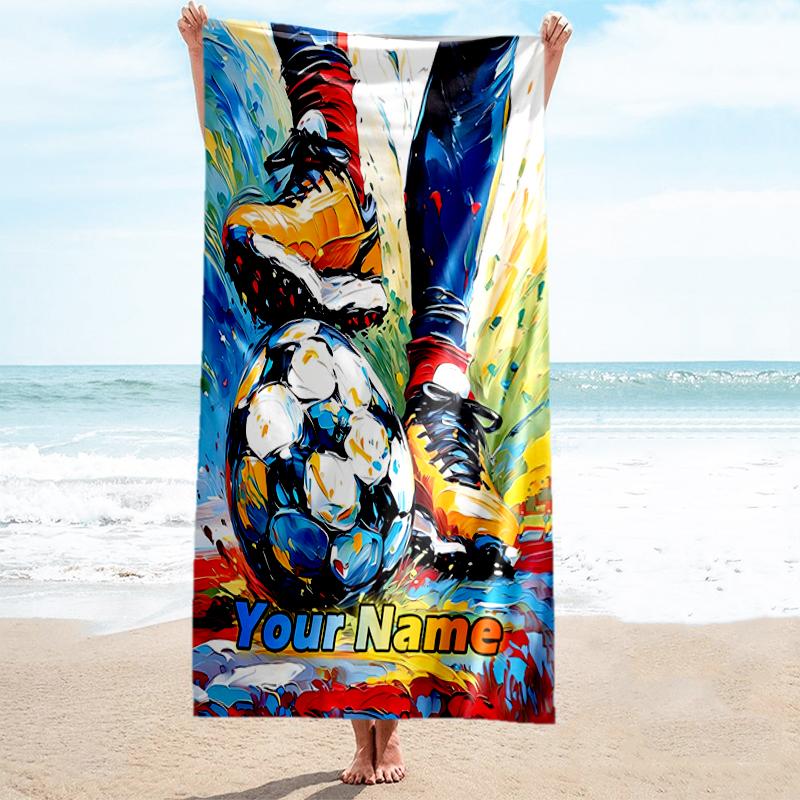 1PC Custom Name "Dynamic Soccer Artwork" Beach Towel Highly Absorbent And Sand-Resistant Towel for Swimming, Pool, Yoga, And Travel Lightweight