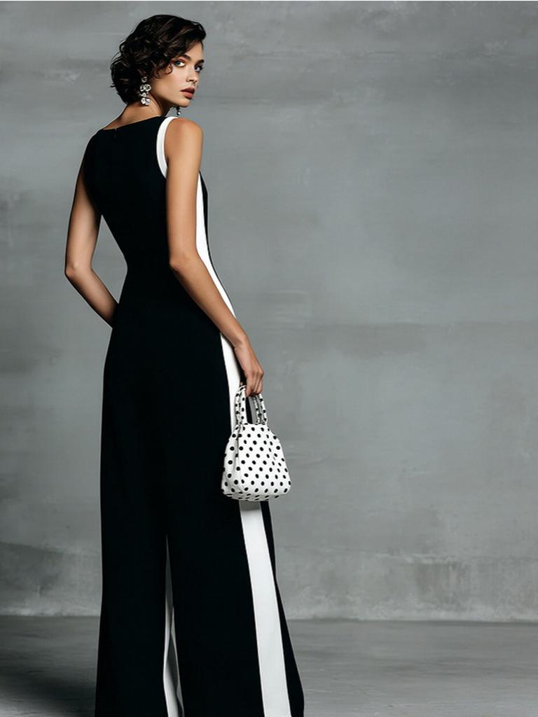 Women's Fashion Black and White Cotton Linen Color Block Spaghetti Strap Jumpsuit