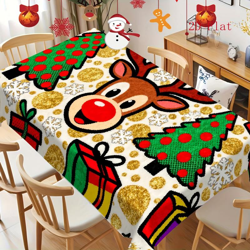2D Flat 1pc - A Tablecloth with a Cartoon-Style Pattern Full of Christmas Atmosphere, Printed with Classic Christmas Elements Such As Reindeer, Christ