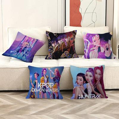 Funda de Cojín Anime K-Kpop Cazadores de Demonios Poliéster Cojines de Sofá Mantas Decorativas Decoración del Hogar Funda de Almohada