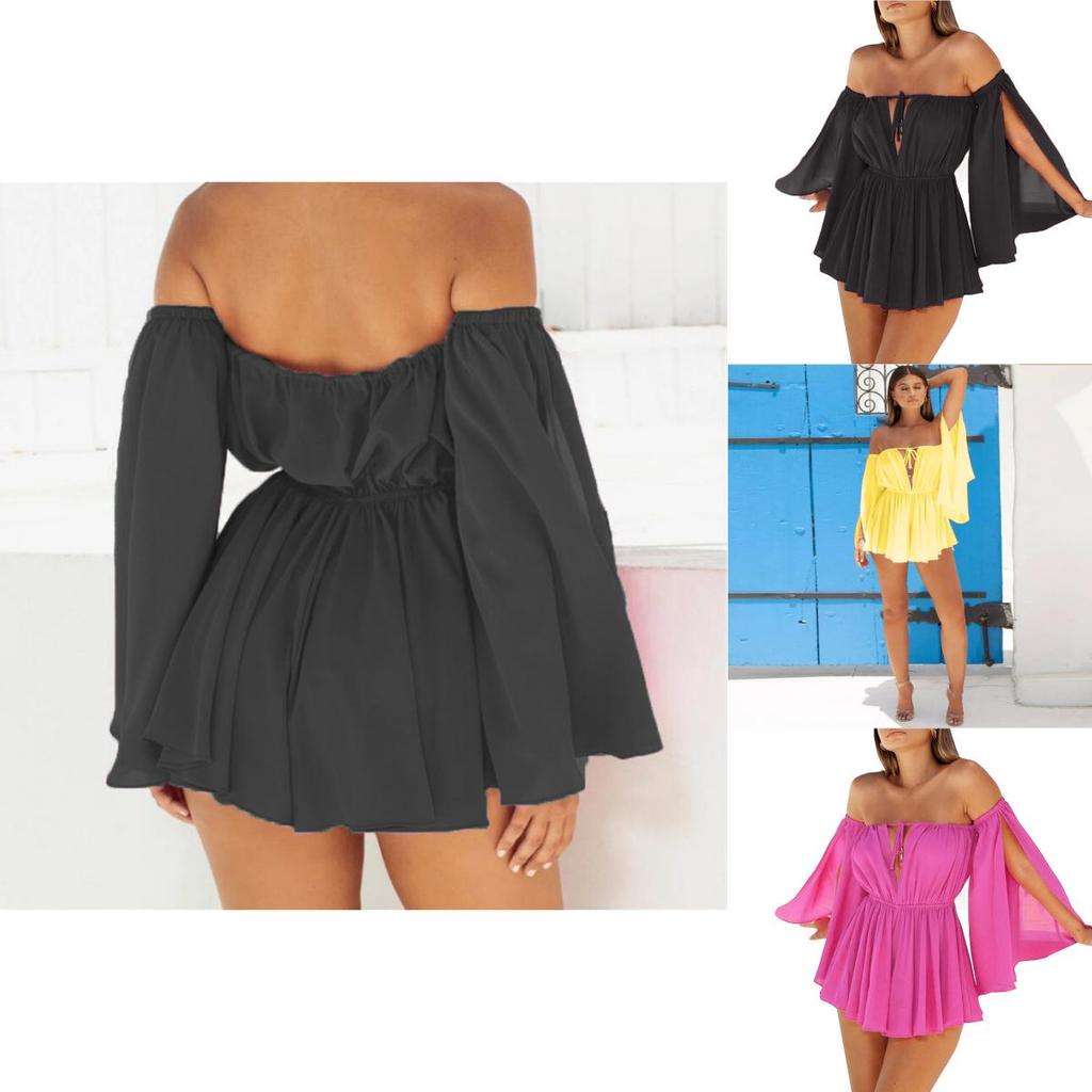 Elegant Chiffon Summer Open Sleeves Word Shoulder Straps Tube Top High Waist Dress