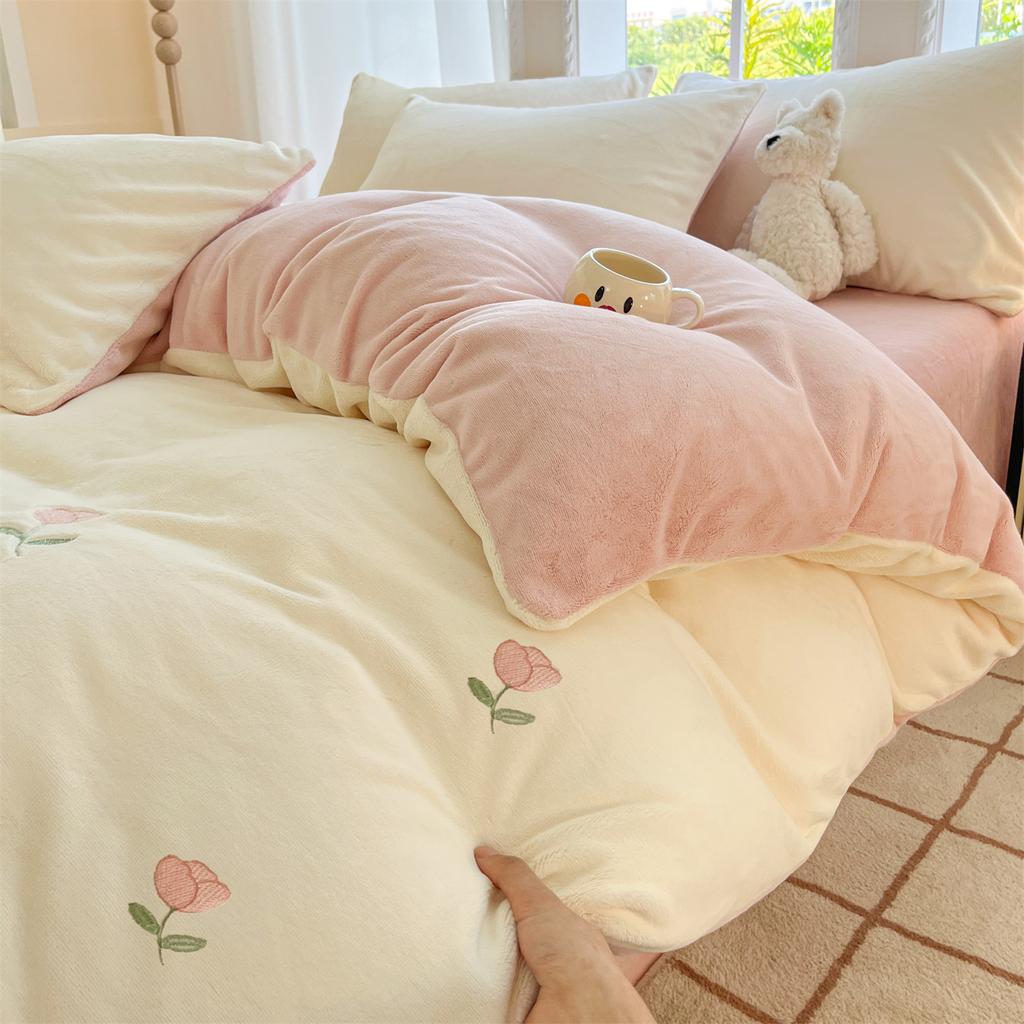 Thickened Milk Fleece Four-Piece Set, Embroidered Coral Fleece Quilt Cover, Thermal Bedding, Fleece Bed Sheet Three-Piece Set