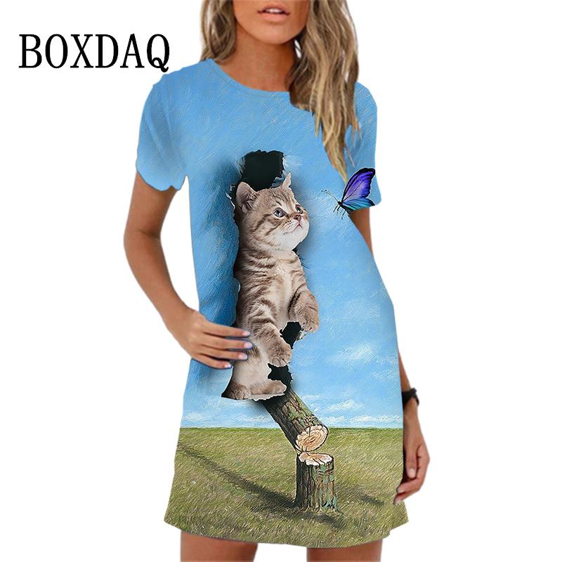 New Women Summer Beach Sundress Elegant Sweet Cute Cartoon Cat Print A-Line Dress Loose Casual Short Sleeve O-Neck Mini Dress