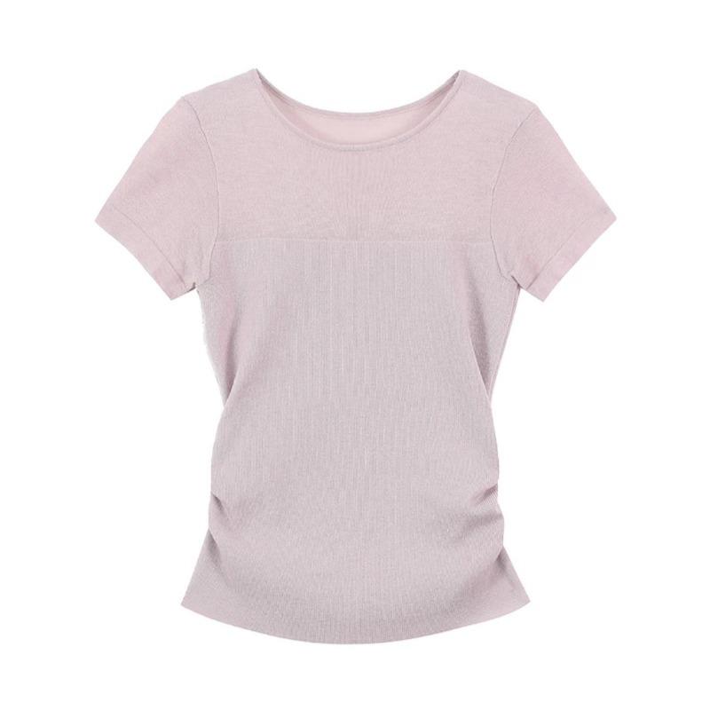 Korean Style Pure Waist-hugging and Pleated Thin Short-sleeved Knitted T-shirt In Summer Latest Slim Body