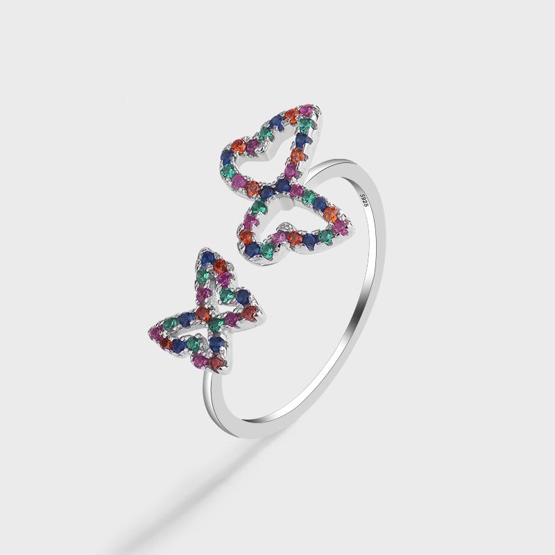 

Изысканное кольцо-бабочка из серебра S925 пробы для женщин, модное регулируемое кольцо для пары, красочное ювелирное изделие из стерлингового серебра с бабочкой из циркония Resizable серебряный