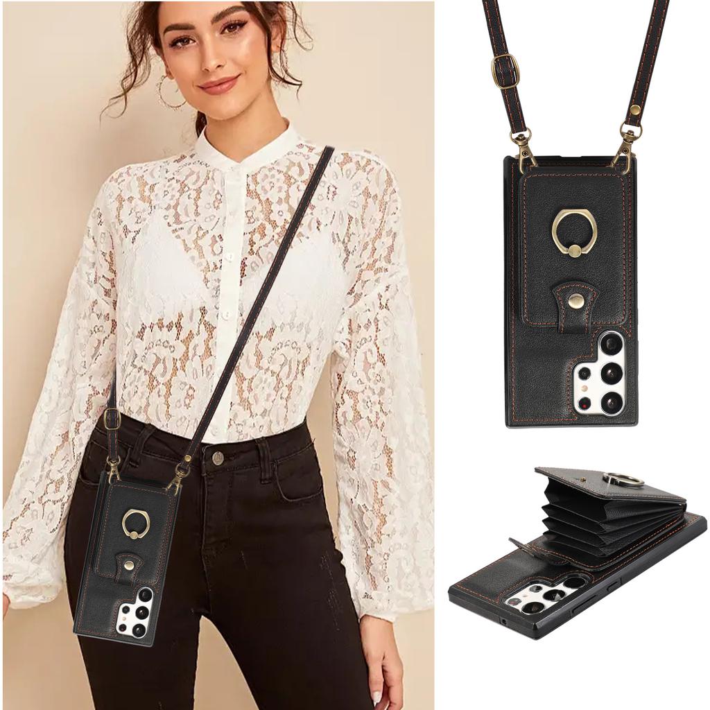 Crossbody Leather Phone Case for Samsung Galaxy S25 Ultra S25Edge S24 Plus S23 S20 FE S22 Note20 A56 A36 Ring Card Holder Wallet