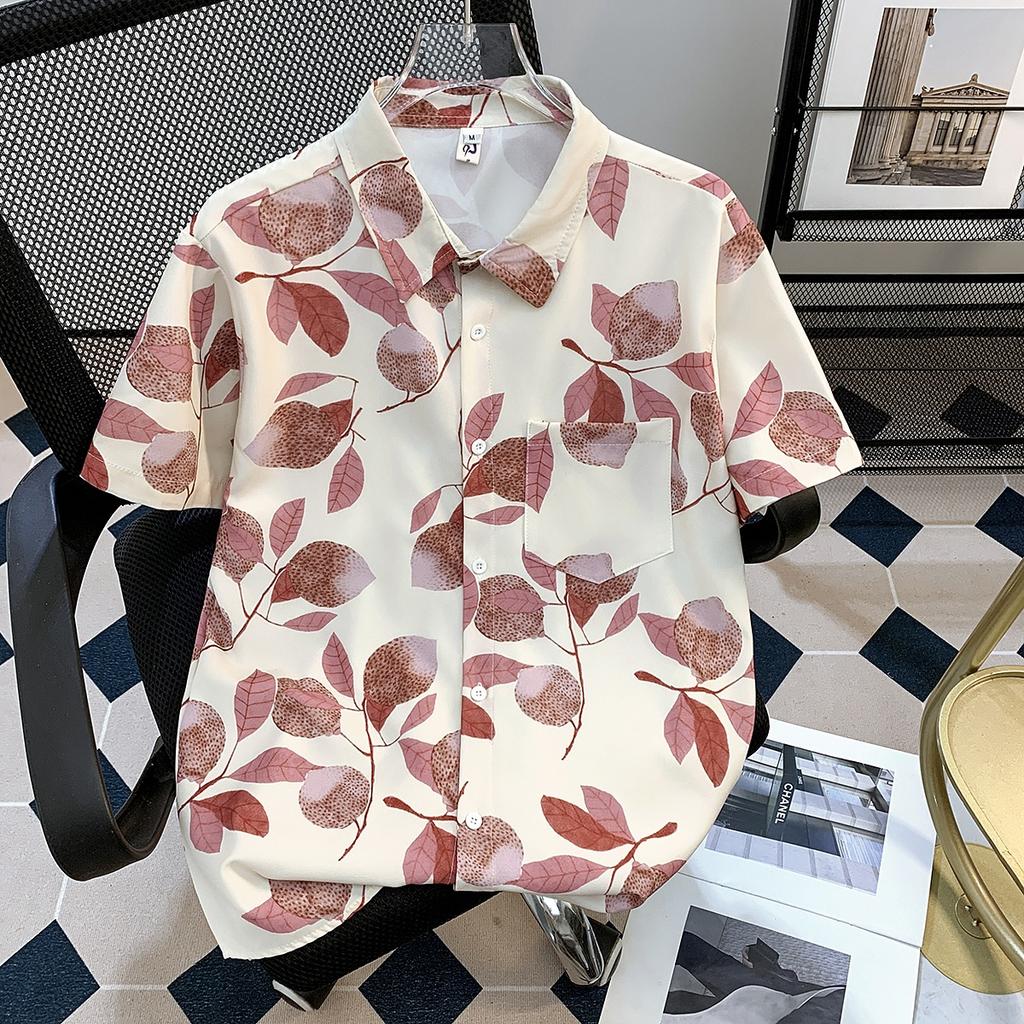 Hawaiian Full Printed Short-Sleeved Floral Shirt Men's Summer Thin Vacation Style Ice Silk Cool Half-Sleeved Loose Shirt