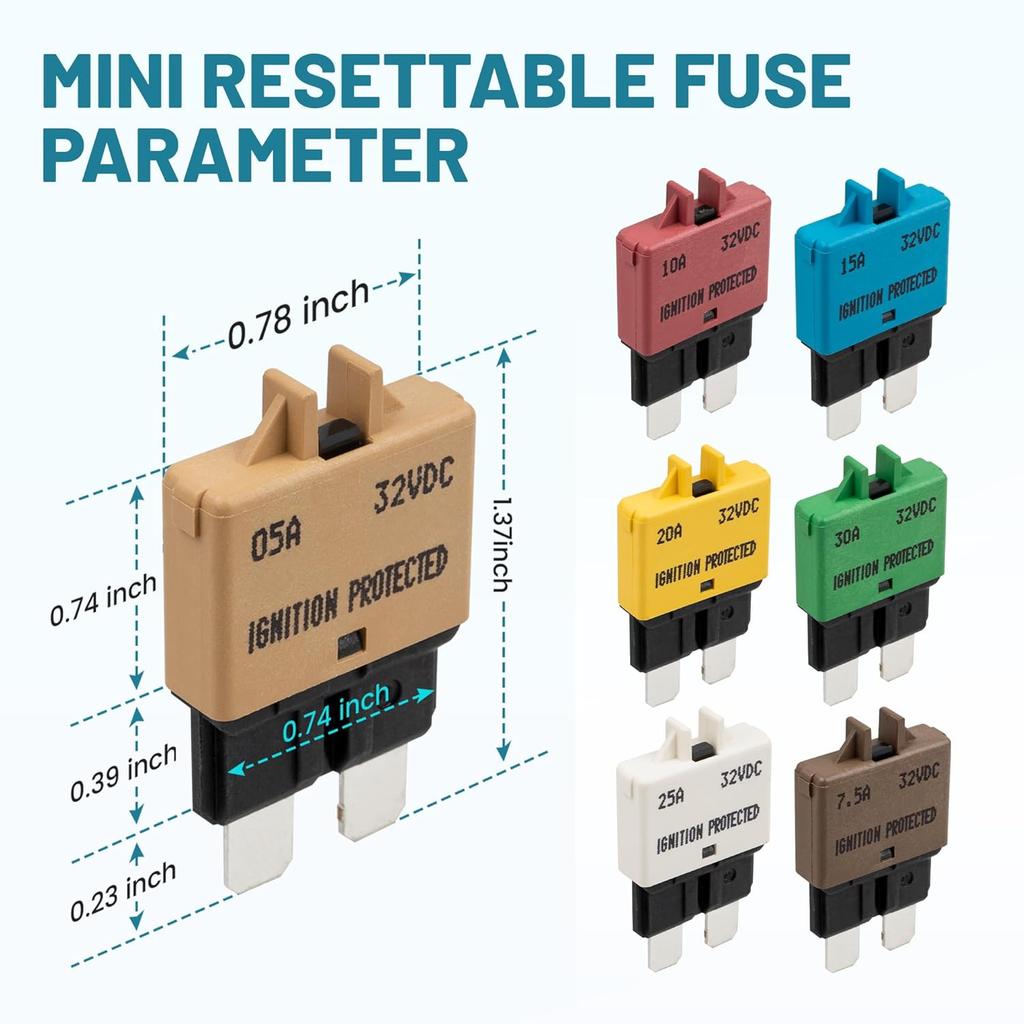 NuIth Manual Reset Mini Fuse Circuit Breakers 5A-30A, E39 Low Profile ATO/ATC Circuit Breaker Blade Fuse 12V-32V DC Resettable Standard Fuses for Car