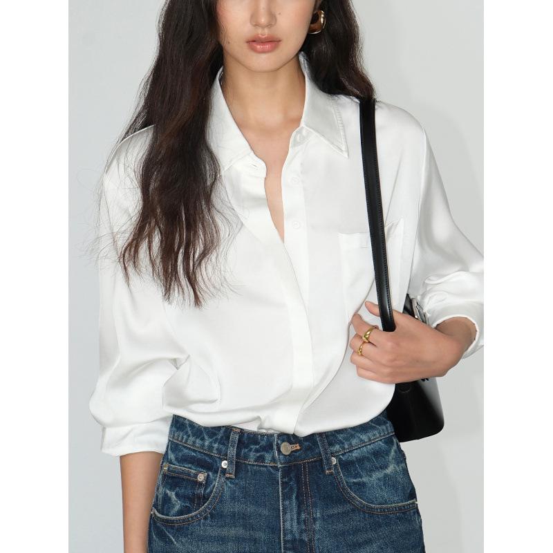 Женская премиальная атласная свободная рубашка с длинным рукавом Medium белый