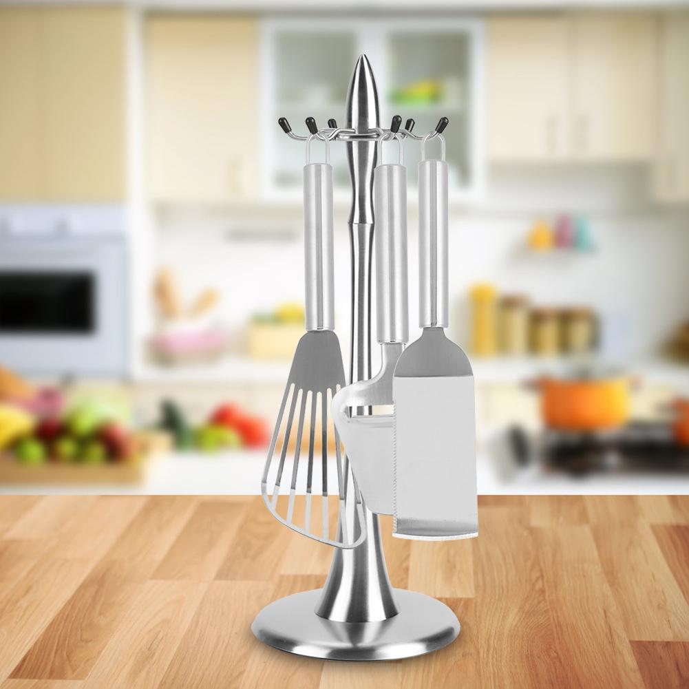 Stainless Steel Cooking Utensil Stand Kitchenware Spatula Scoop Spoon Rotating Storage Rack