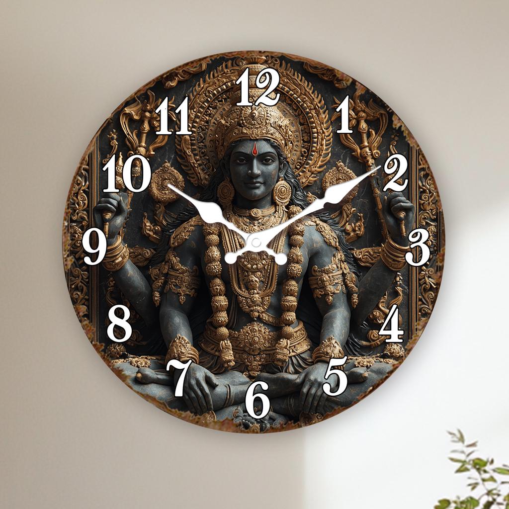 Intricate Hindu Goddess Statue Design Round Wall Clock, Spiritual Decorative Clock with Ornate Details, Unique Wall Watch for Me