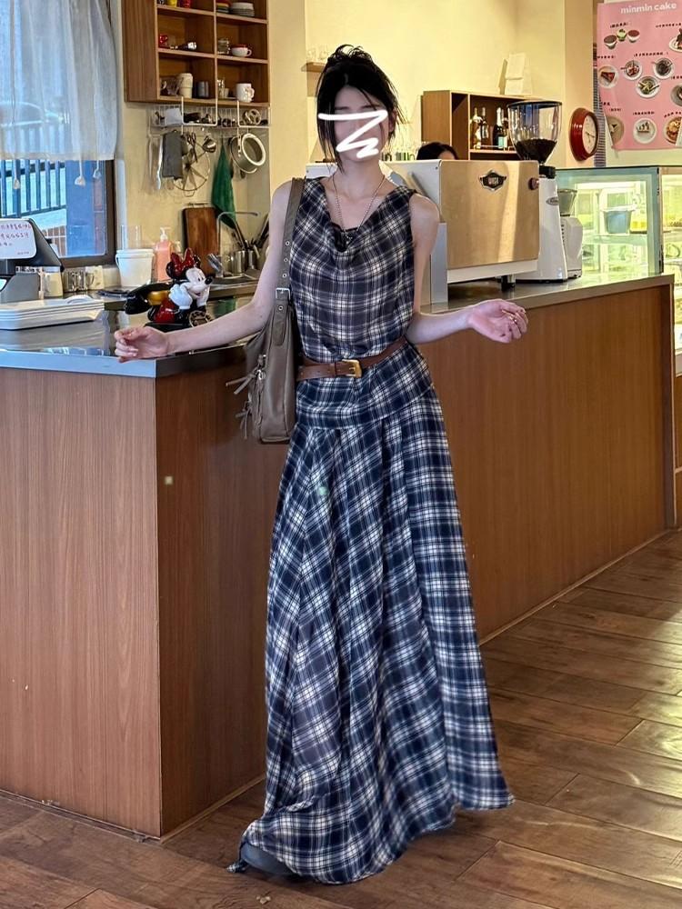 Lazy Plaid Suit Women's Sleeveless Swing Neck Vest Top + Long Skirt Two-piece Set Looks Thin