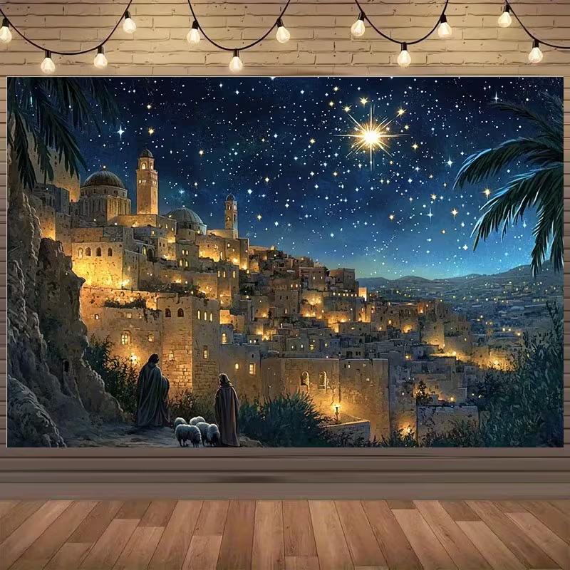 

2D Nativity Scene Bethlehem Backdrop Christmas Photography Background 47.2x31.5inch/120*80cm