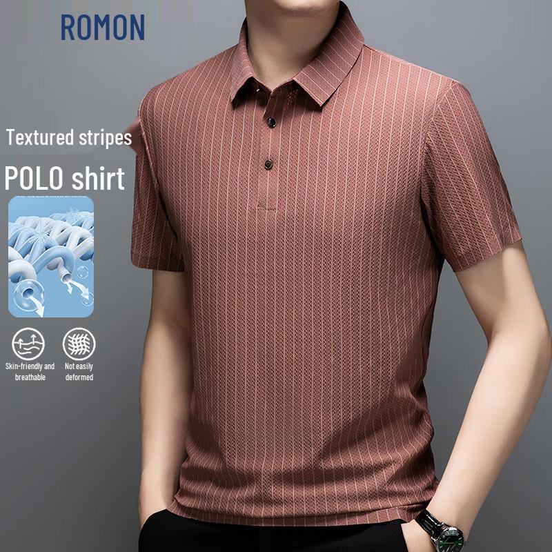 

ROMON Men s Striped Business Casual Short Sleeve POLO Shirt L