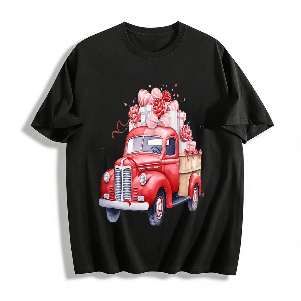 

Vintage Red Truck Rose Gift Box Print Casual Top Pure cotton T-shirt XXS