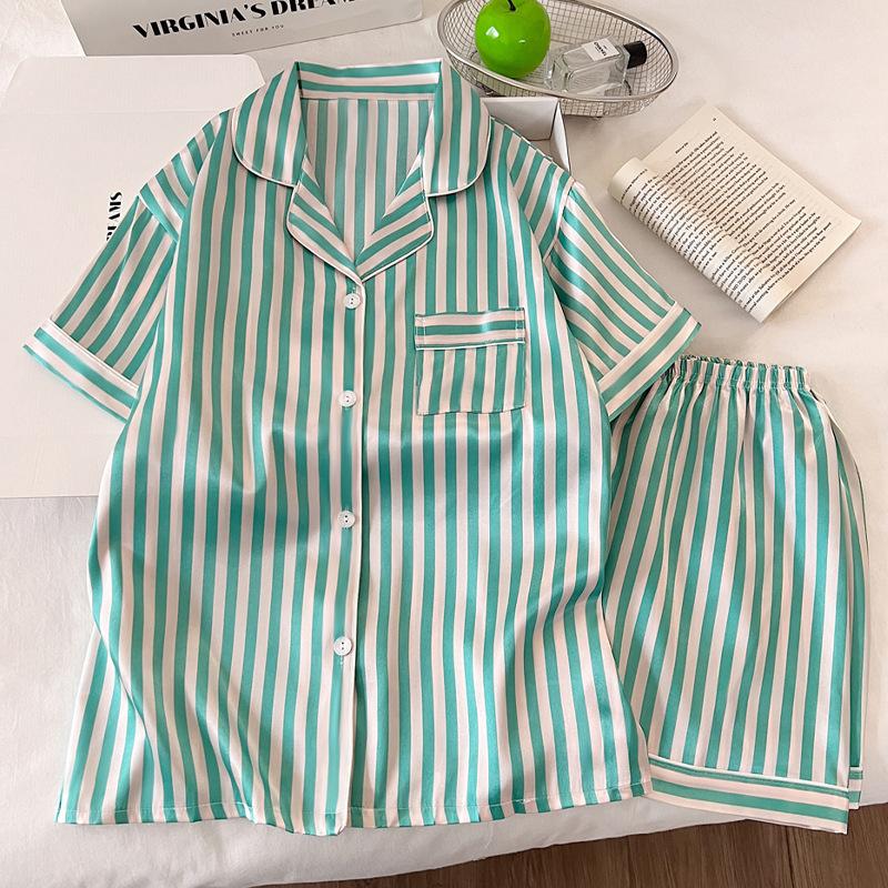 Простой полосатый нишевый летний костюм-пижама из ледяного шелка для женщин, повседневный, с коротким рукавом, одежда для отдыха M