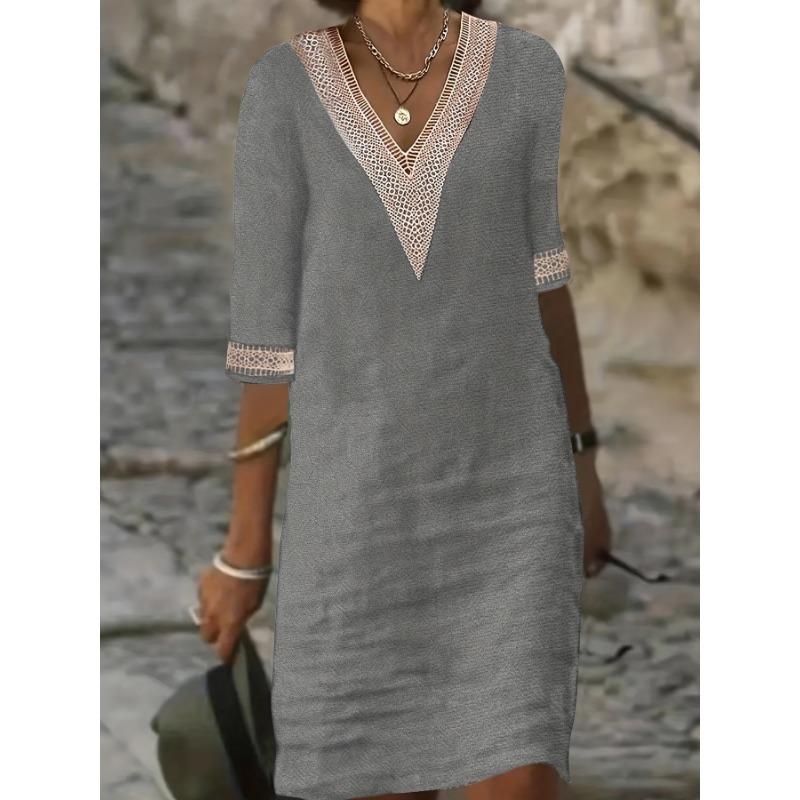 New Solid Color V-Neck Mid-Sleeve Cotton Elegant Dress