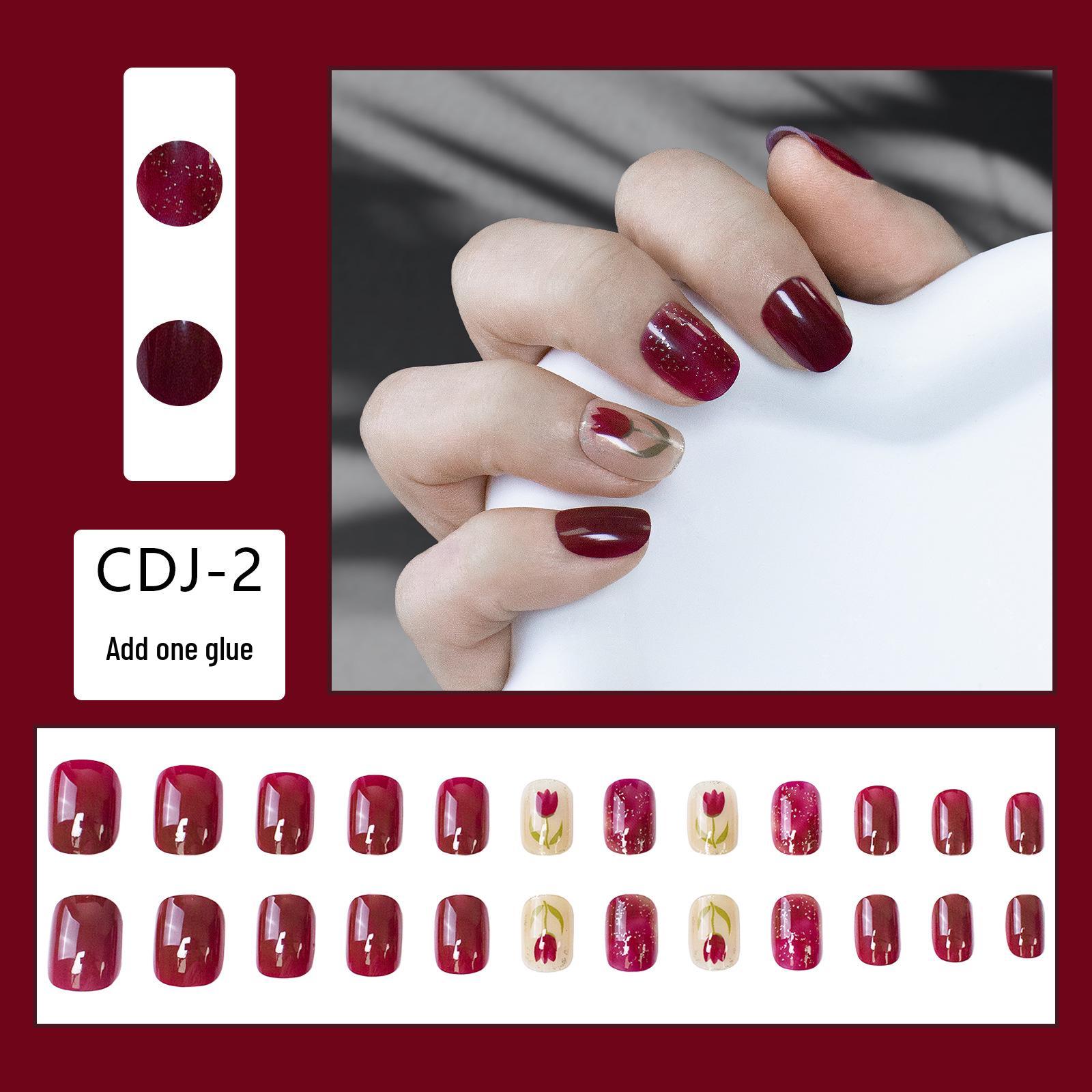 

24-Piece Wine Red Glitter Tulip Nail Tips - Reusable and Removable Fake Nails Set