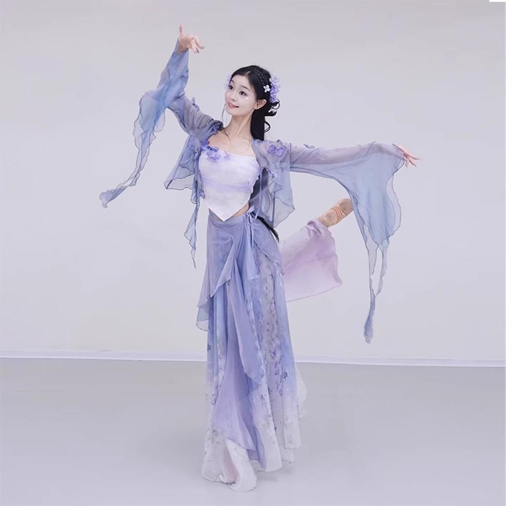 Conjunto de Disfraz de Danza Clásica de Hada Degradado para Mujer, Sobrepuesto Transparente con Mangas de Campana y Conjunto de Falda Fluida Para Actuación y Práctica
