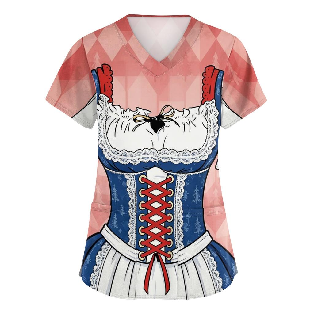 Women's V Neck Short Sleeve Work Shirt with Pockets Oktoberfest Print Medical Scrub Top Nursing Uniform Tee for Healthcare Professionals