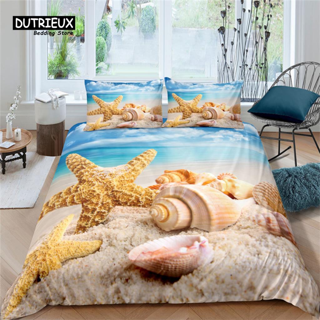 Seestern Muschel Strand Bettwäsche Set Mikrofaser Küste mit Sand mit buntem verschiedenen Muscheldruck Bettbezug Schlafzimmerdeko