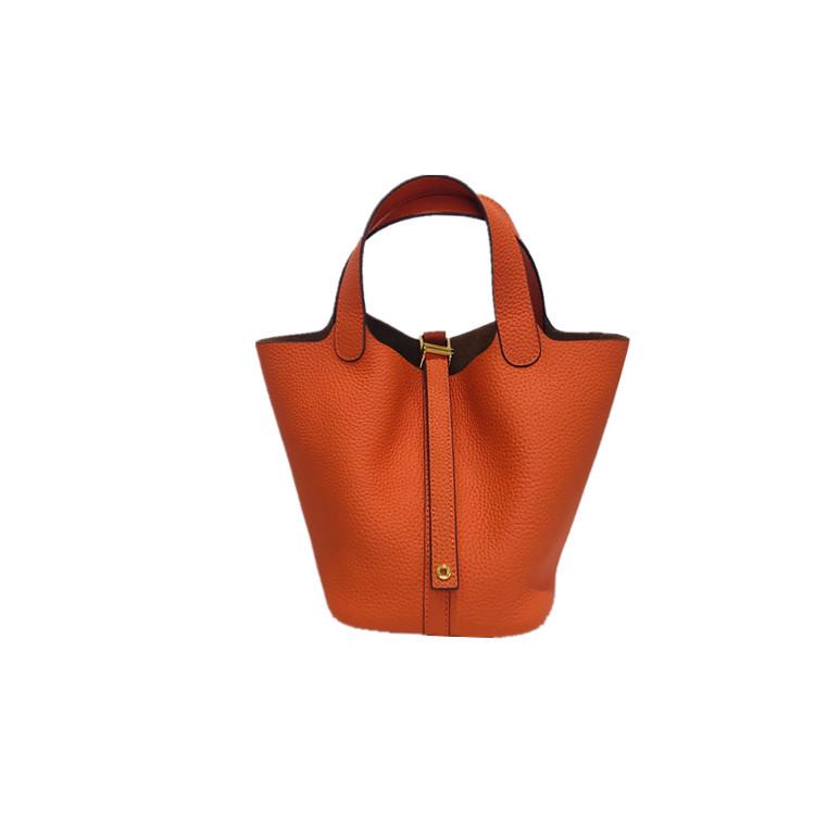 2024 Cowhide Lychee Pattern Vegetable Basket with Gold Hardware and Button - Mother-and-Child Bucket Handbag