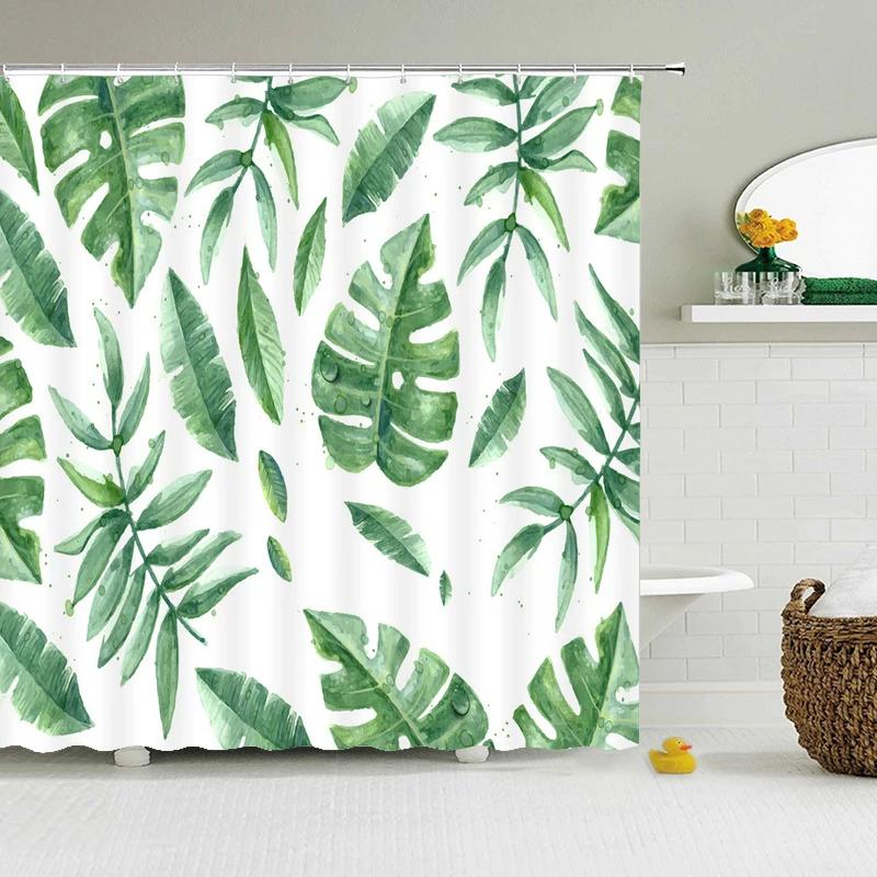 Green Plant Leaves Shower Curtains Bath Curtain Bathroom 3d Printed Fresh Waterproof Polyester Cloth With Hooks Home Decor Mat