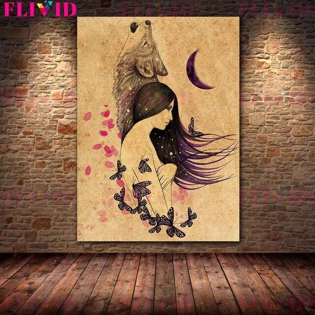 Wolf Woman And And Moon Wicca Vintage Wall Art Canvas Painting Daughters Of The Moon Art Poster And Print Home Decor No Frame
