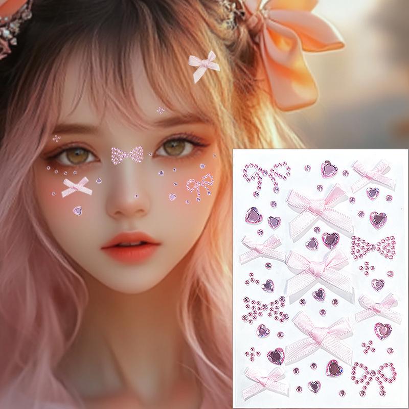 Bow  Tattoo Sticker Face Diy Makeup Red Diamond Pearl Bows Temporary Tattoo Sticker Self Adhesive Party Festival