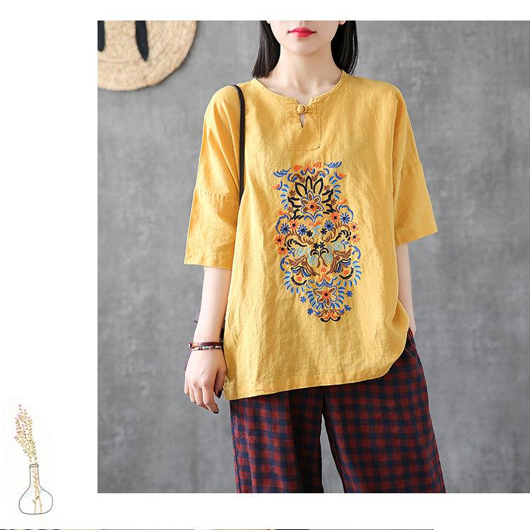 

Винтажная вышитая свободная футболка с v-образным вырезом и коротким рукавом из хлопка и льна, женский топ XXXL жёлтый