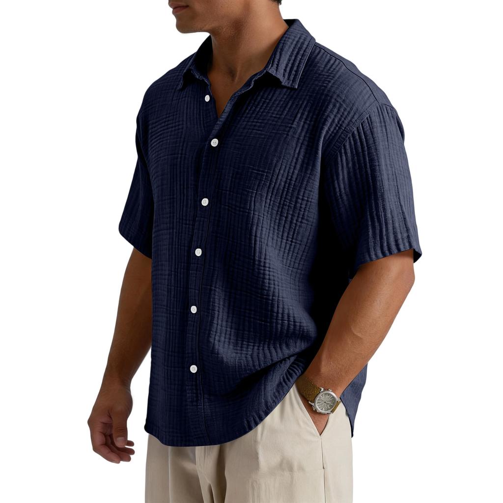 Men’s Loose Fit Casual Cotton Crinkle Texture Shirt Short Sleeve Button Down Collared Top for Everyday Wear