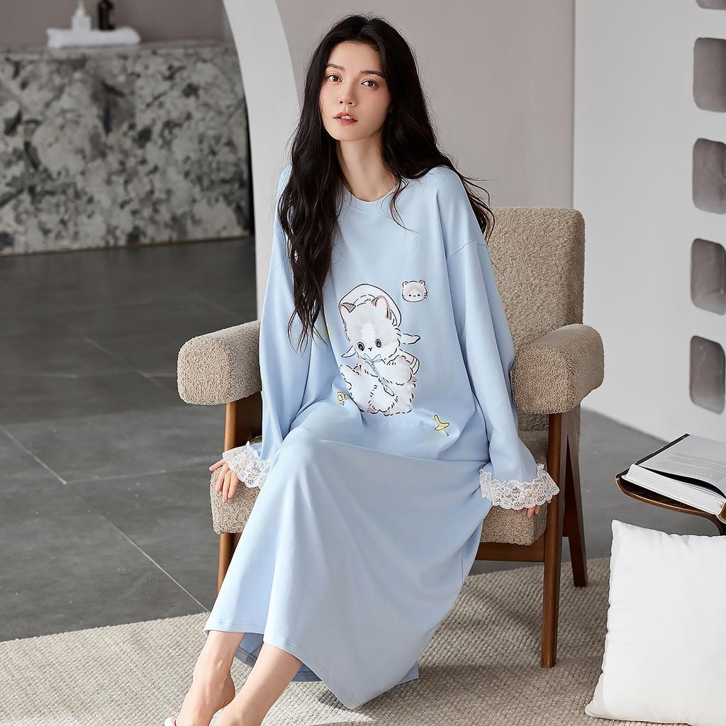 New nightgown women's spring and autumn pure cotton long-sleeved pajama skirt medium and long skirt sweet and cute can be worn outside loungewear