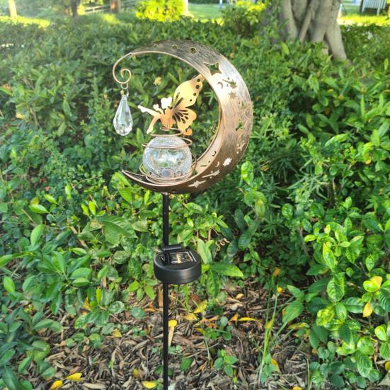 Fairy Moon Solar Garden Stake Light, Waterproof Half Moon LED Pathway Decor, Crackle Glass Ball LED Light, Metal Crescent Lamp for Outside Yard Patio
