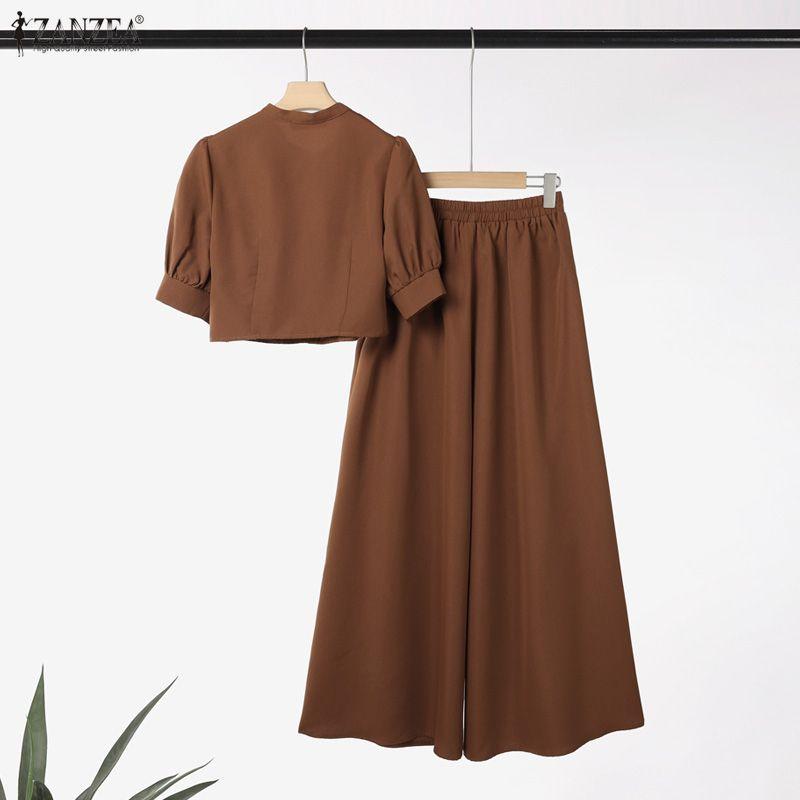 ZANZEA Women Short Sleeve Cropped Tops and Wide Leg Pants Casual Two Piece Suit Sets
