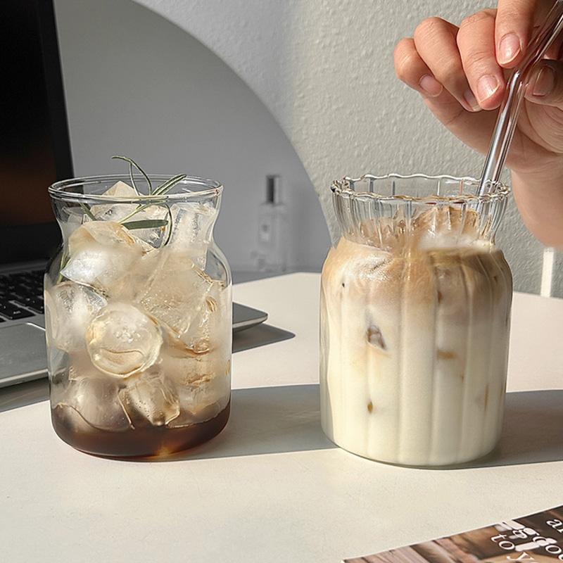 Glass Cup Cold Coffee Cups Iced Drinkware Kitchen Drinkware Supplies Breakfast Milk Cup Cocktail Utensils Aesthetic Water Bottle