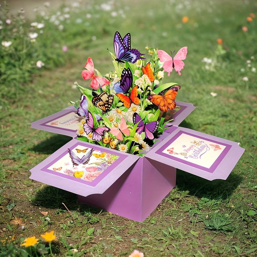 1pc, Purple Butterfly Flower Greeting Card, 3D Three-Dimensional Flower Box, Pop-up Birthday Flower Box, Warm Birthday Compound