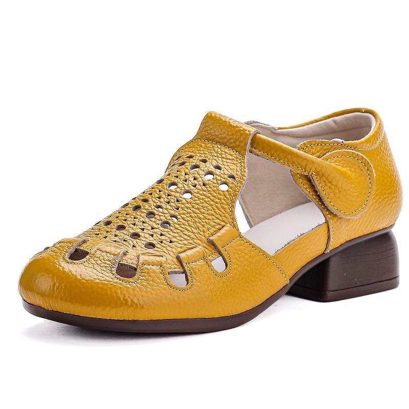 Real cowhide summer new beef tendon sole middle heel mother shoes comfortable soft sole hollow retro sandals women