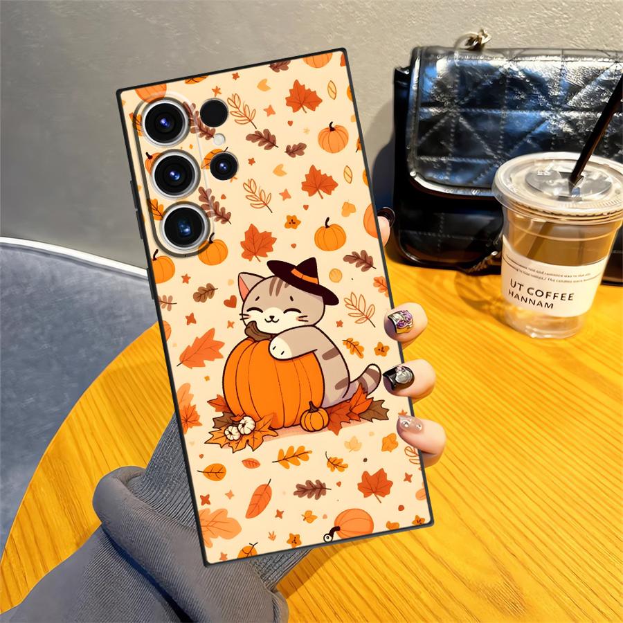 Case for Samsung Galaxy S20 S25 Edge S21 FE S24 Plus S23 Ultra Black Soft Phone Cover Pumpkin Cat