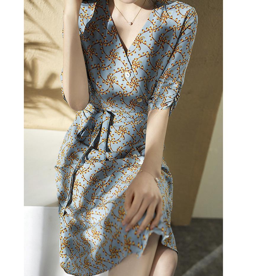 High-End Floral Mulberry Silk Mid-Length Dress