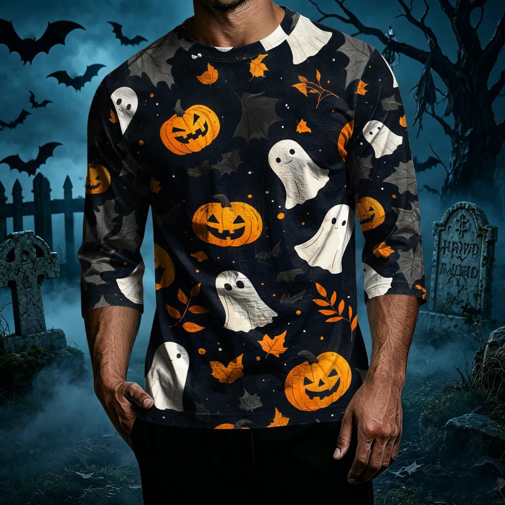 Men Casual Halloween Print Raglan Sleeve T Shirt Crew Neck Three Quarter Sleeve Top Comfortable Fit Lightweight Fabric