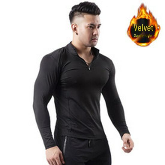 Men's High-Neck Velvet Warm Fitness Suit for Autumn/Winter - PRO Tight-Fit Sportswear for Basketball, Running, and Training.