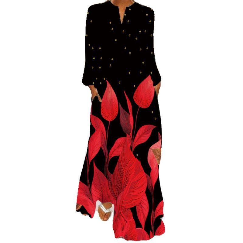 Long Sleeve Dress 2025 Spring/Summer New Arrival Fashionable, Elegant and Sexy V Neck Print Loose Long Pocket Dress