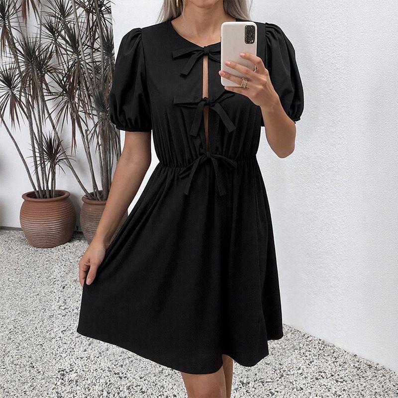 Summer New European and American Romantic Retro Striped Dress round Bow Tie Lace-up Dress