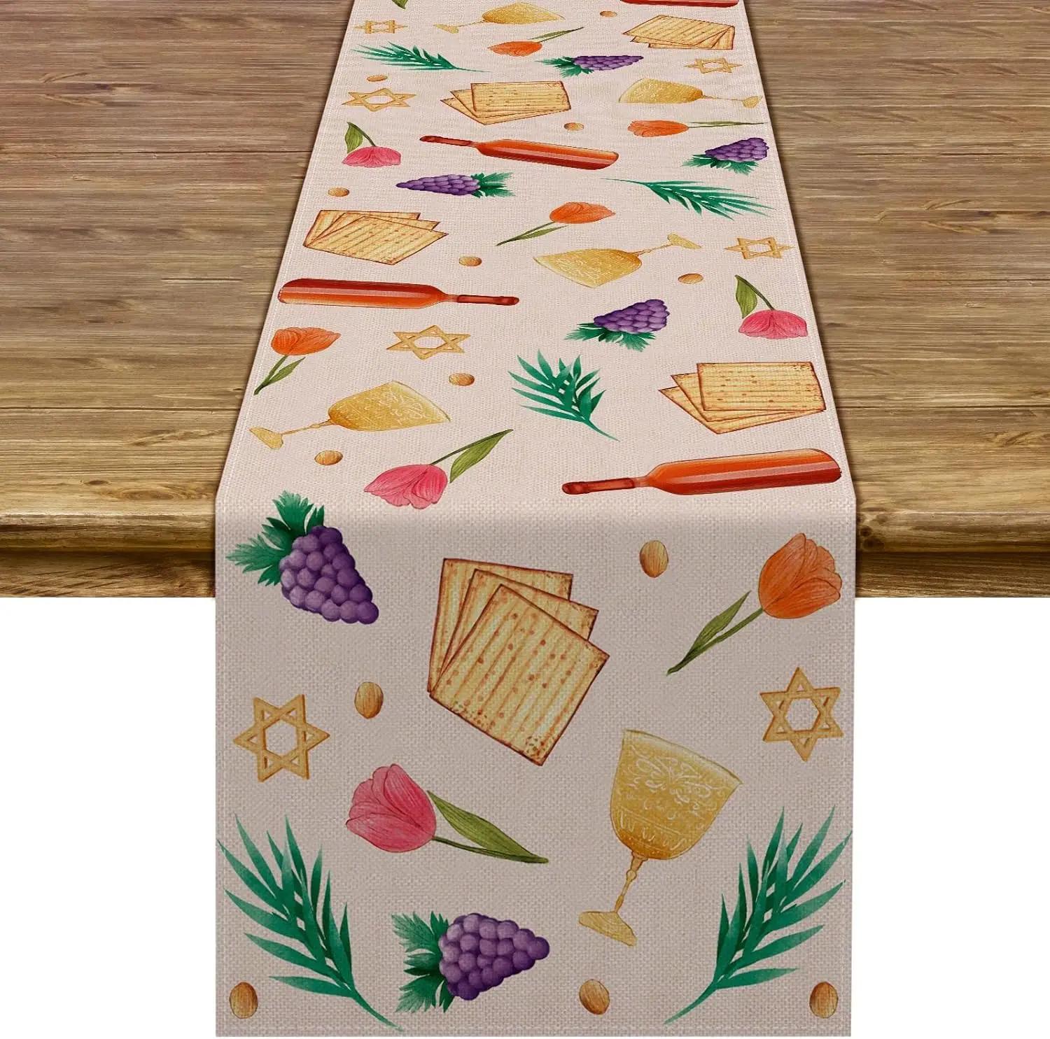 Joyeux Pessah Chemin de table en lin Décoration de fête holiday Fête juive Pâques Fruits Biscuits Fleurs Chemins de table pour décoration de table à manger 150x33cm