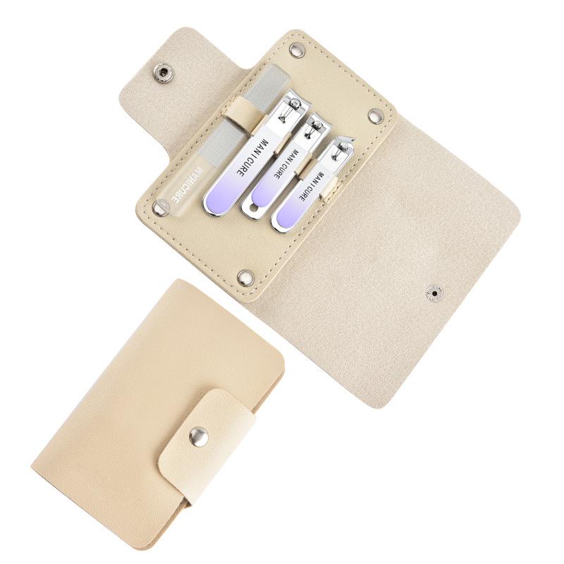 Stainless Steel Nail Clipper Set with Angled Clippers, Pliers, Glass File, and Foldable Case.