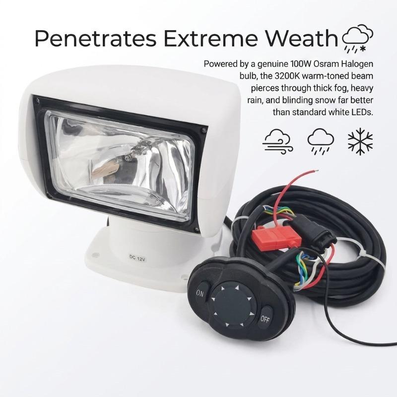 Motorized Boat Spotlight 100W Halogen Marine Searchlight 12V 24V, 360 Pan 72 Tilt with Wired Dash Remote for Truck Yacht
