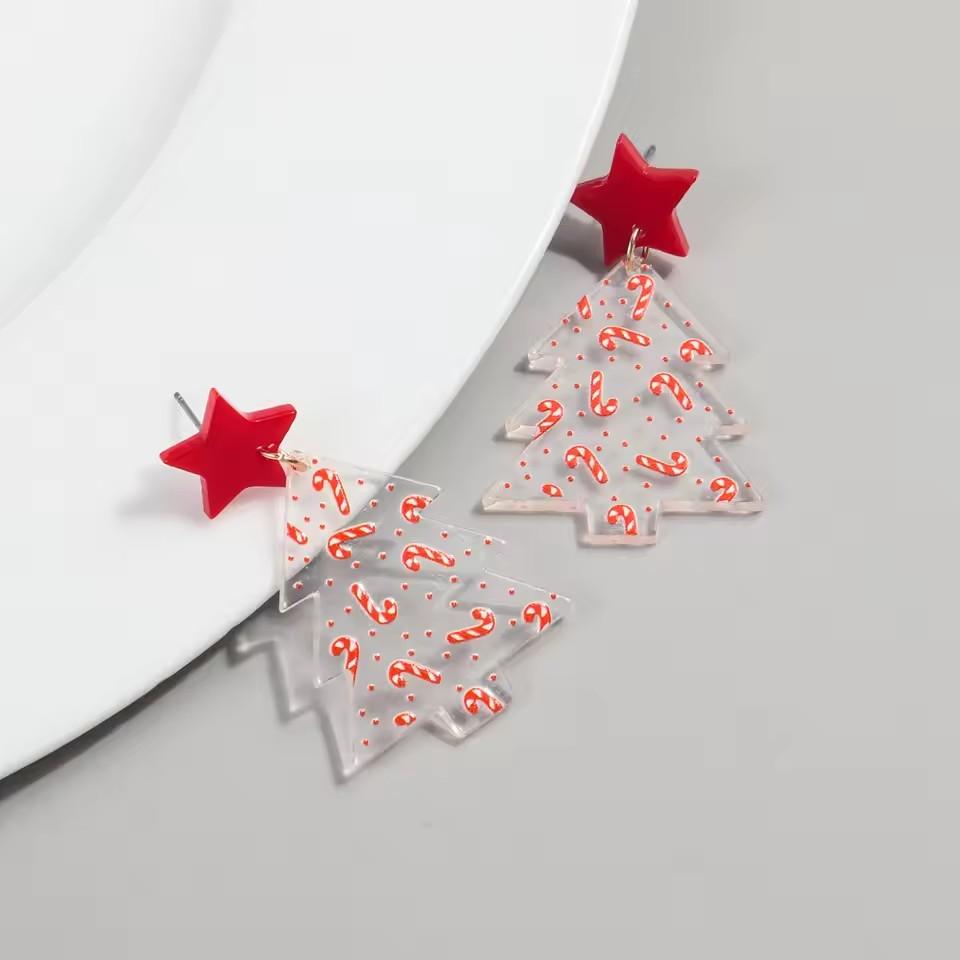 New Glitter Pink Christmas Tree Acrylic Earrings for Women Girls Cute Sweet 3-Tree Long Dangle Earring Party Jewelry Gifts